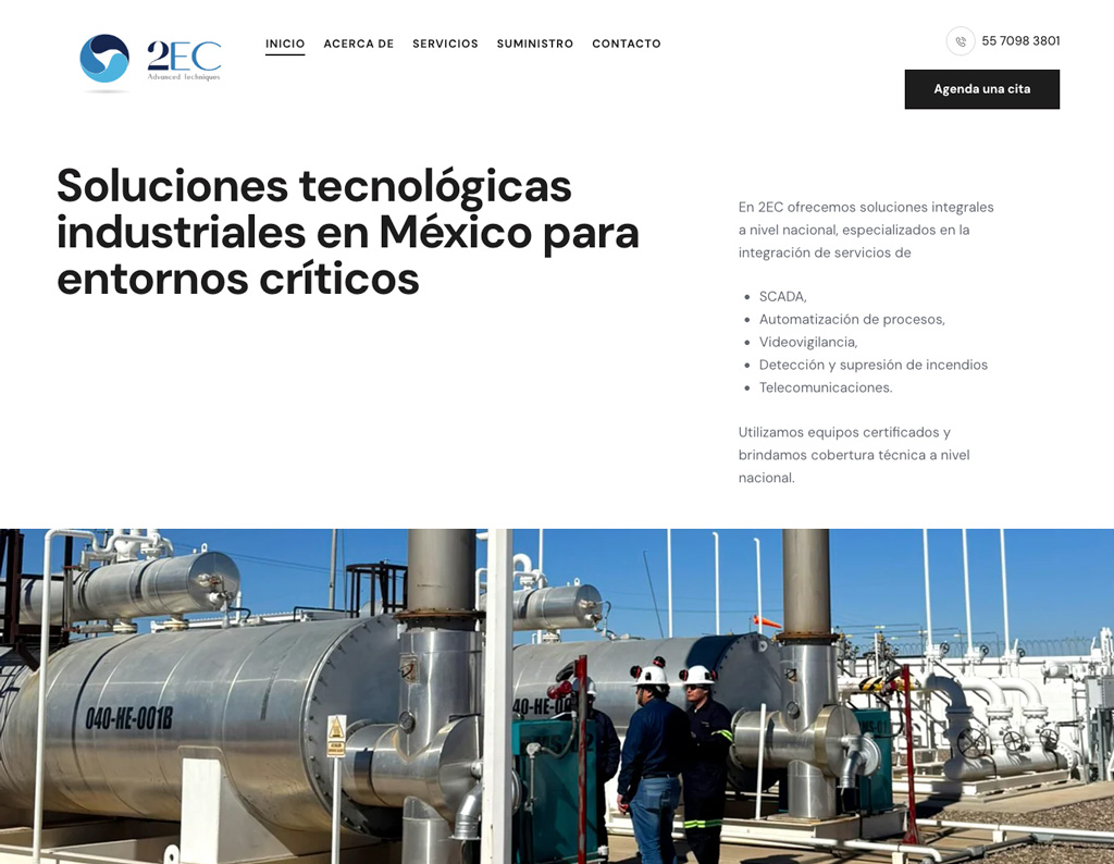 Rediseño de sitio web B2B industrial de 2EC, empresa mexicana, desarrollado por Dos Comas como herramienta comercial para el mercado industrial en México.